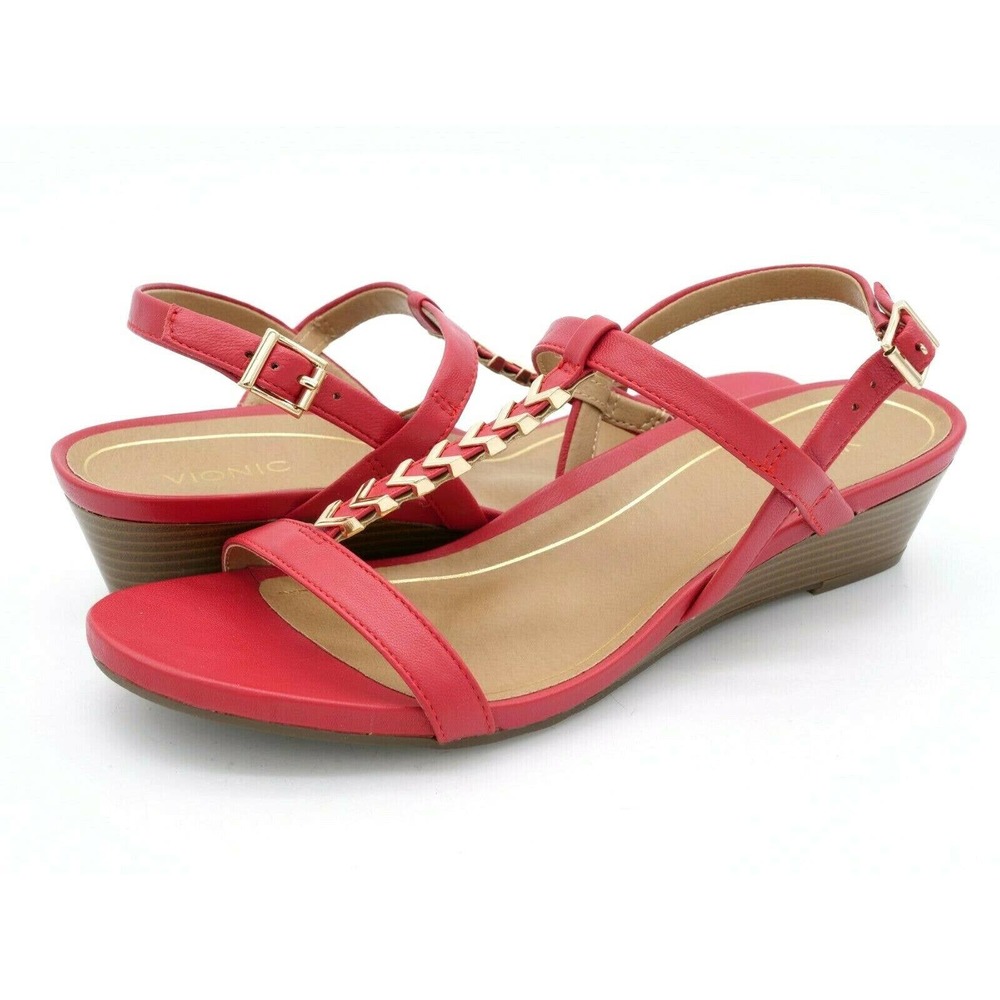 Vionic Women's 11 Port Cali Red Leather Wedge Slingback Strap Orthaheel